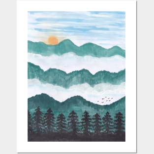 Cloudy Mountains - watercolor art Posters and Art